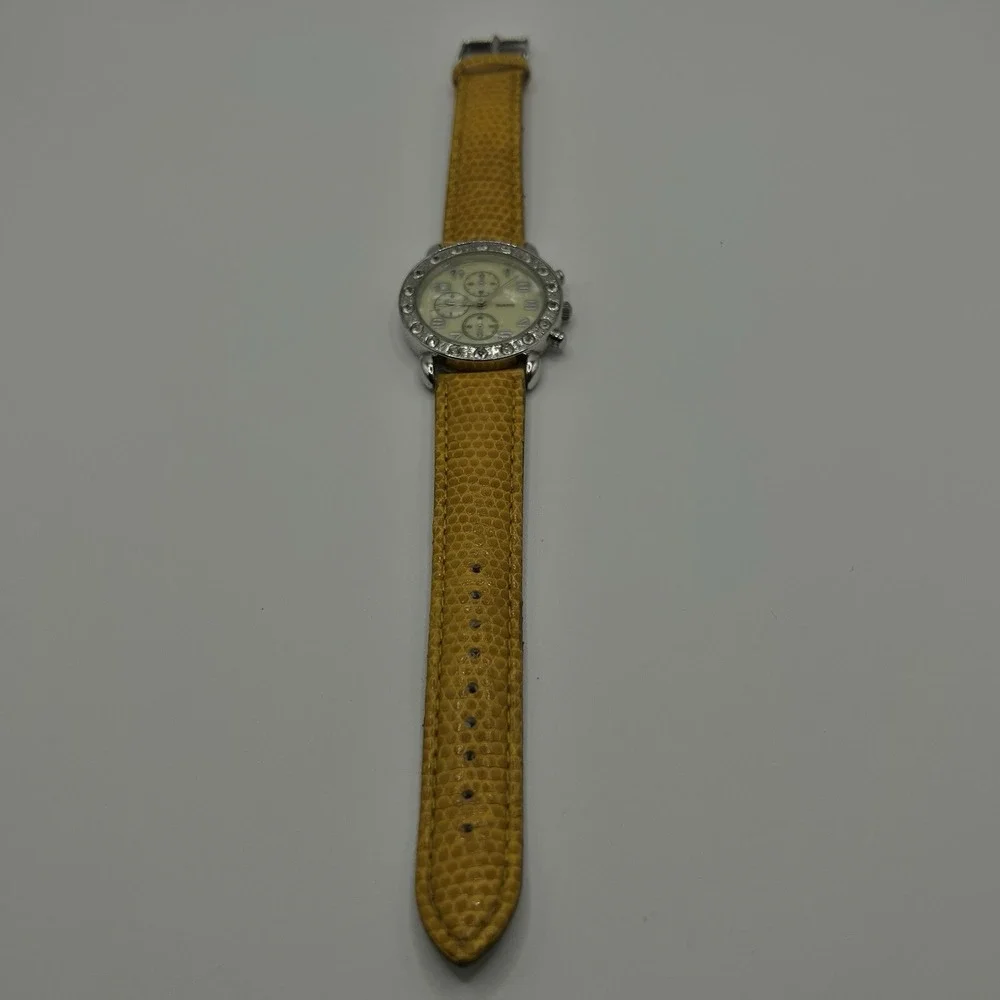 CG Women's Quartz Watch Rhinestone Bezel MOP Dial Plastic Band Needs New Battery
